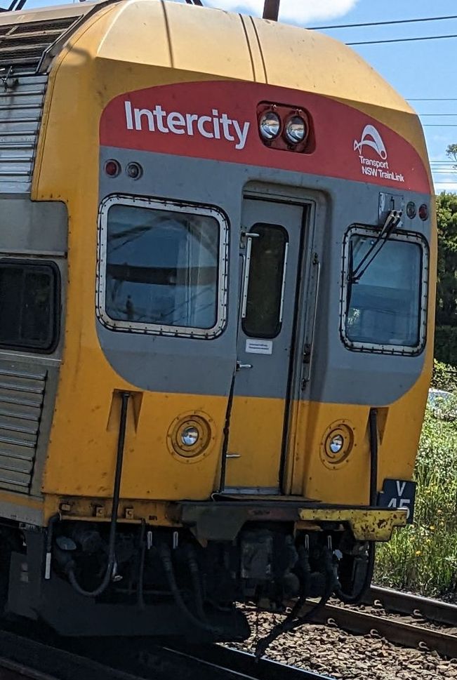 the front of an intercity V-set, showing a partially occluded black V-45 target plate